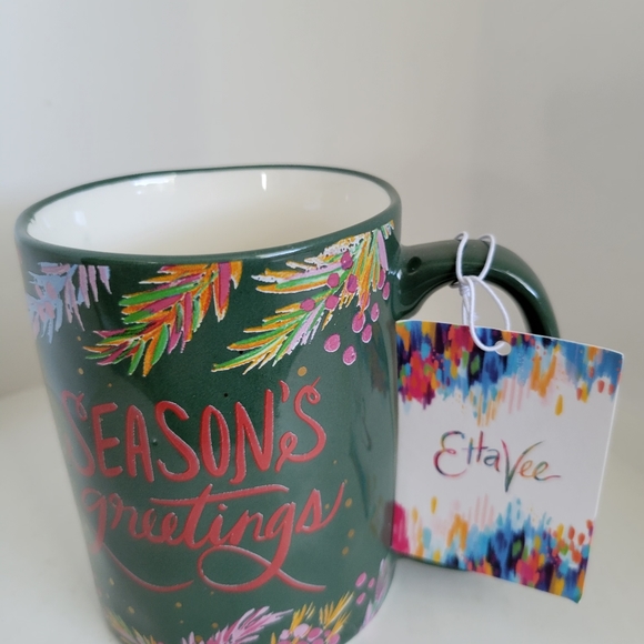 NEW EttaVee Coffee Mug Cup Green Seasons Greetings Painted - Picture 2 of 4